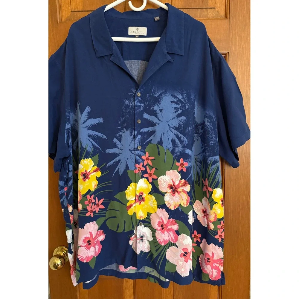 Oak Hill Resort Camp Shirt Men 3XL Blue Hawaiian Loop Collar SS Casual Button-Up - Picture 2 of 11